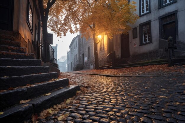 Sunrise illuminating a cobblestone staircase created with generative ai