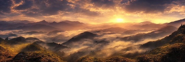 山の日の出 美しい風景 朝の霧が山の斜面を流れ落ちる 山頂と尾根のパノラマ 3dイラスト