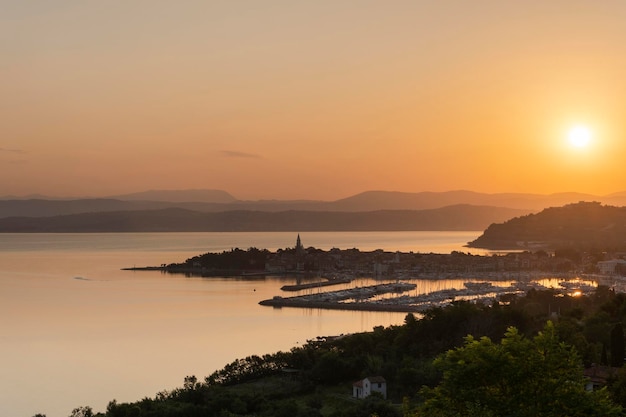 Sunrise over Izola Town and Harbour in Slovenia Adriatic Sea and Istria Coast