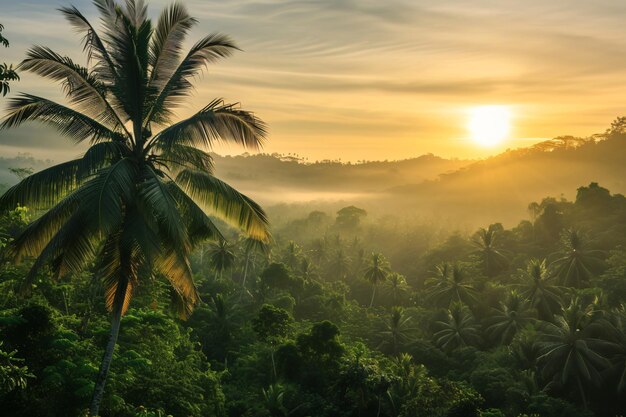 Восход солнца в джунглях с пальмами и солнце, сияющее сквозь облака