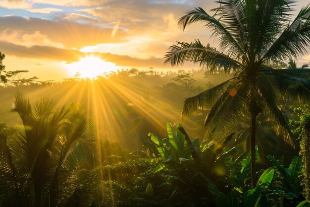 sunrise in the jungle with palm trees and the sun shining through the clouds