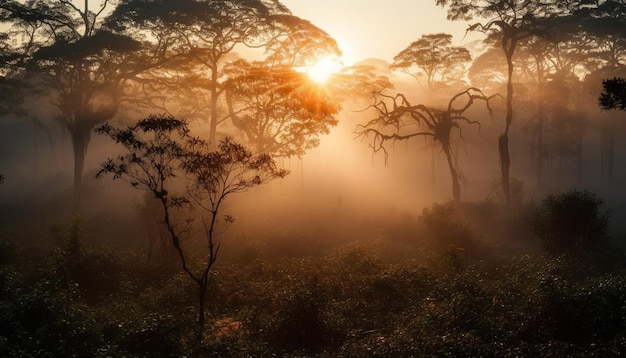 Un'alba nella giungla con alberi in primo piano