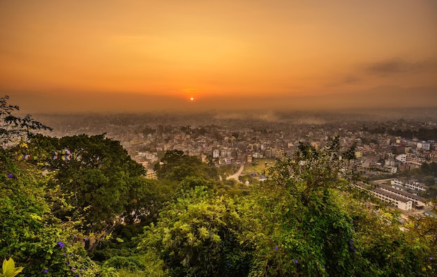 Sunrise above Kathmandu Nepal viewed from the Swayambhunath temple