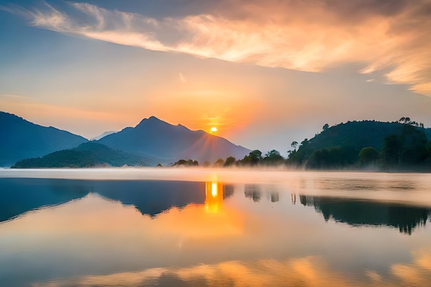 A sunrise over a lake with mountains in the background