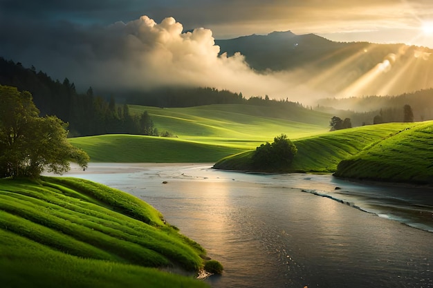 sunrise over a lake with the sun shining through the clouds