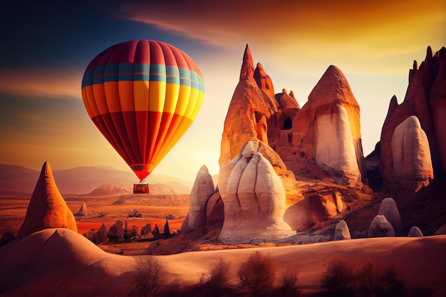 Sunrise landscape in cappadocia colorful hot air balloon fly in sky with sunlight