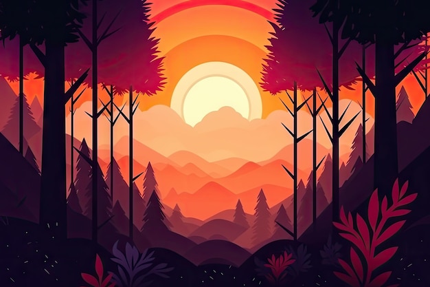 Sunrise Landscape Flat Illustration Color Dawn in Mountains Sunset Sun Beams Landscape FlatDesign Sunrise Drawing Imitation Abstract Generative AI Illustration