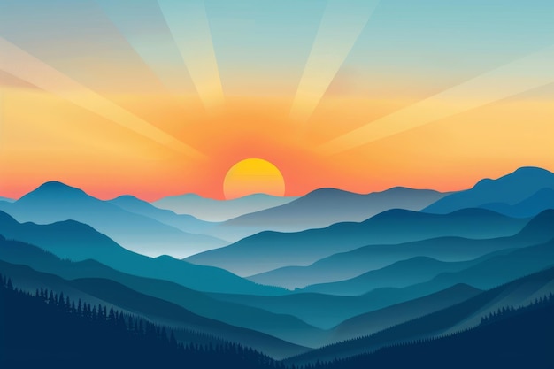 Sunrise Landscape Flat Illustration Color Dawn in Mountains Sunset Sun Beams Landscape