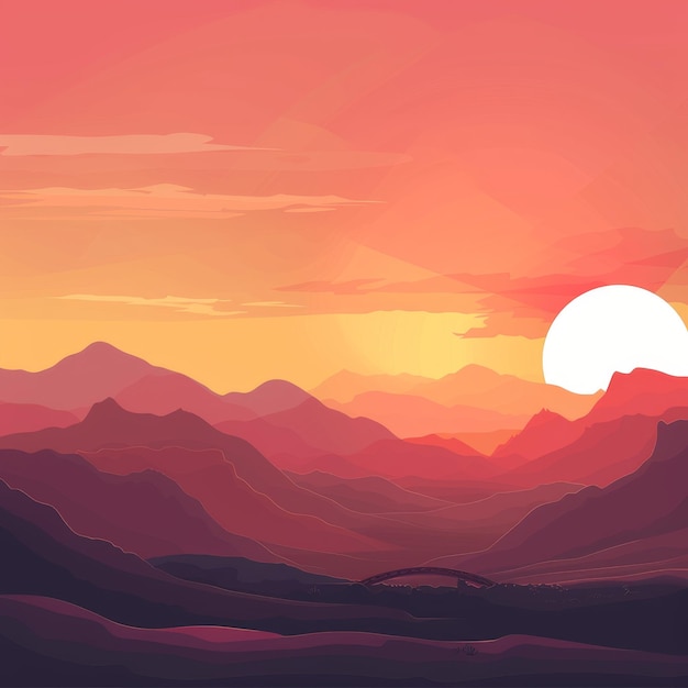 Photo sunrise landscape flat illustration color dawn in mountains sunset sun beams landscape