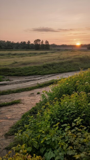 Photo sunrise landscape photo of a field with trees