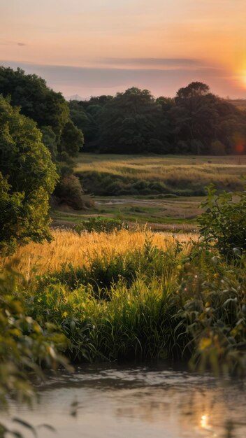 Photo sunrise landscape photo of a field with trees