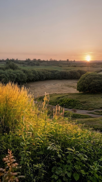 Photo sunrise landscape photo of a field with trees