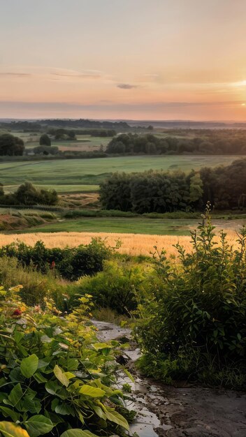 Photo sunrise landscape photo of a field with trees