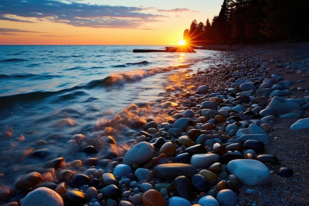 Sunrise over a lighthouse on the beach Dawn at the lighthouse Beautiful sunrise over a seaside li