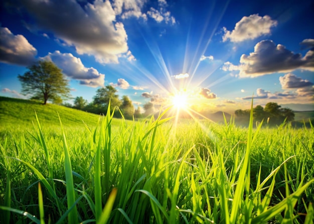 Sunrise over meadow with green grass and blue sky with clouds Spring landscape nature background