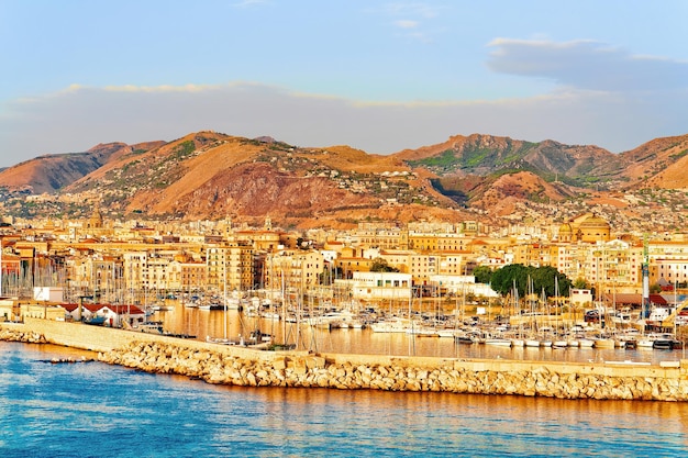 Sunrise in the Mediterranian sea and Palermo old city, Sicily island in Italy