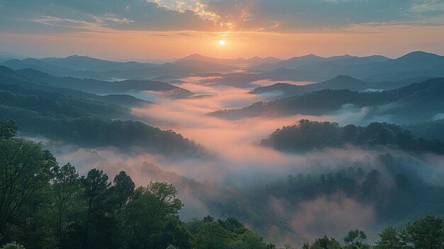 Photo sunrise over a mistcovered valley background