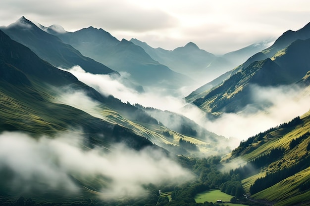 Foto l'alba sulle valli coperte di nebbia e sulle cime alpine