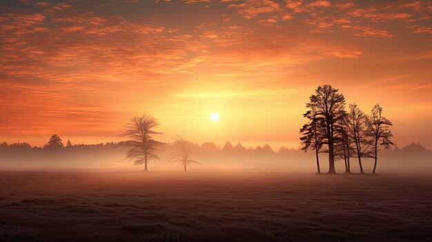 Premium AI Image | Sunrise above misty field with tree outlines ...