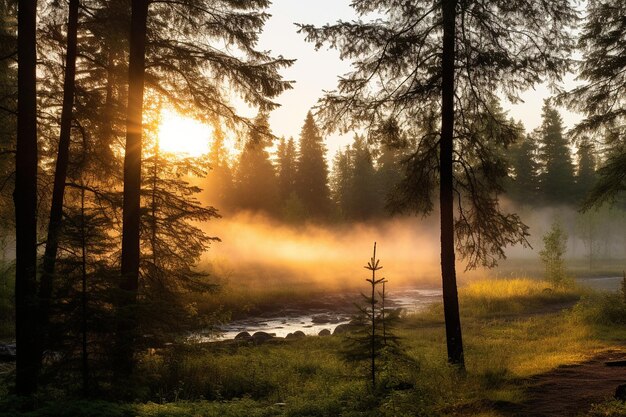 Sunrise over a misty forest