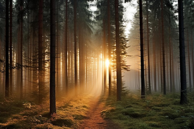 Sunrise over a misty forest