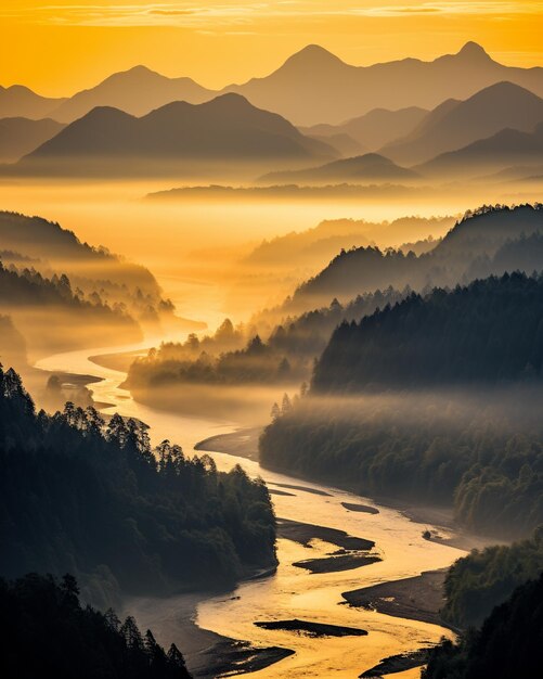 Sunrise Over Misty Mountains and Winding River