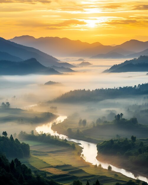 Sunrise Over Misty Mountains and Winding River