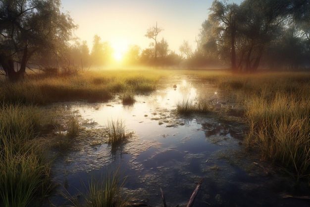 Sunrise in the morning mist over a small river with trees and grass