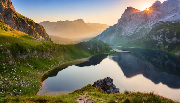 Foto all'alba il lago di montagna svelò la sua bellezza mozzafiato