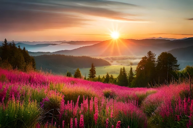 Sunrise over a mountain landscape with pink flowers and green grass.