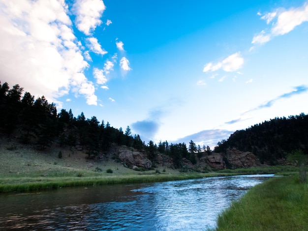 Photo sunrise at the mountain river.