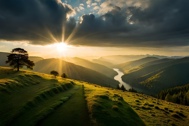 sunrise over a mountain valley