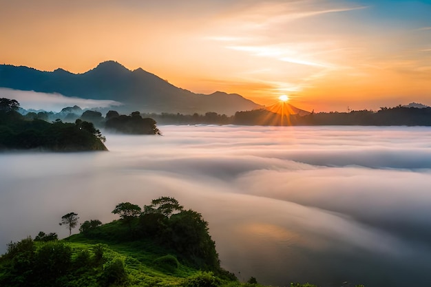 A sunrise over a mountain with clouds and mountains in the background