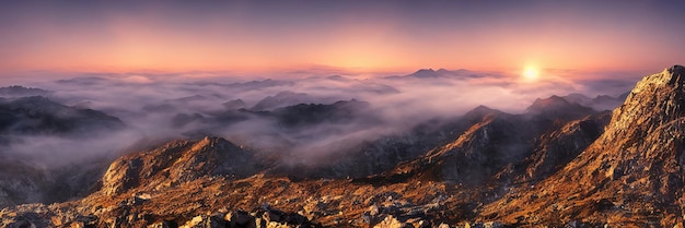山の日の出 美しい風景 朝の霧が山の斜面を流れ落ちる 山頂と尾根のパノラマ 3Dイラスト