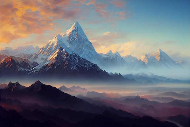 Sunrise in the mountains, digital art, illustration, 3D rendering