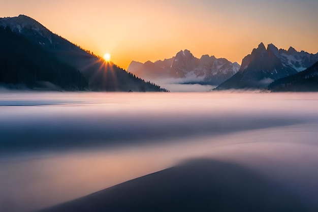 Sunrise over the mountains and river in the dolomites