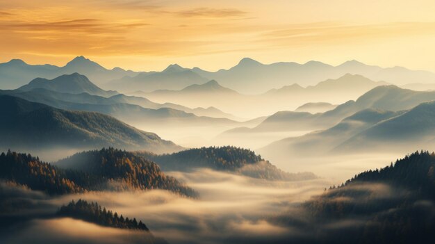 オレンジとベージュのスタイルの霧と木々のある山の日の出