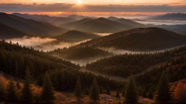 Sunrise over the mountains with fog and trees