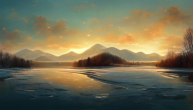 Sunrise over the mountains with a lake with soft light