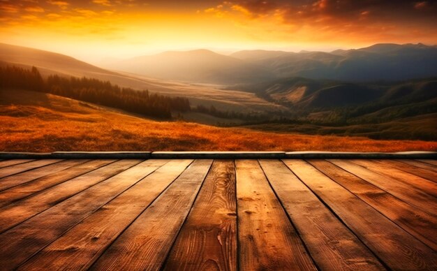 Photo sunrise of the mountains over a wooden floor in a hilly field