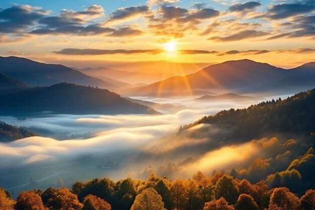 写真 霧の山の風景のある山の谷の日の出