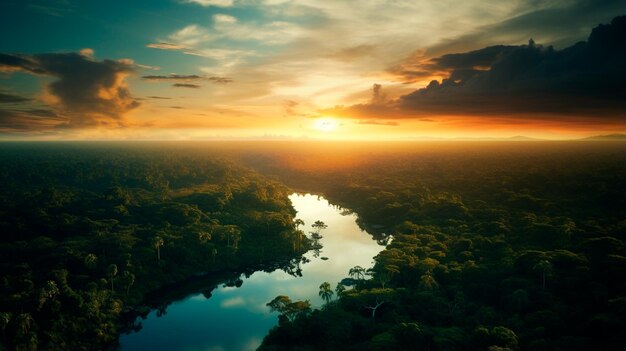 写真 ジャングルと川の上の日の出 夏の日没