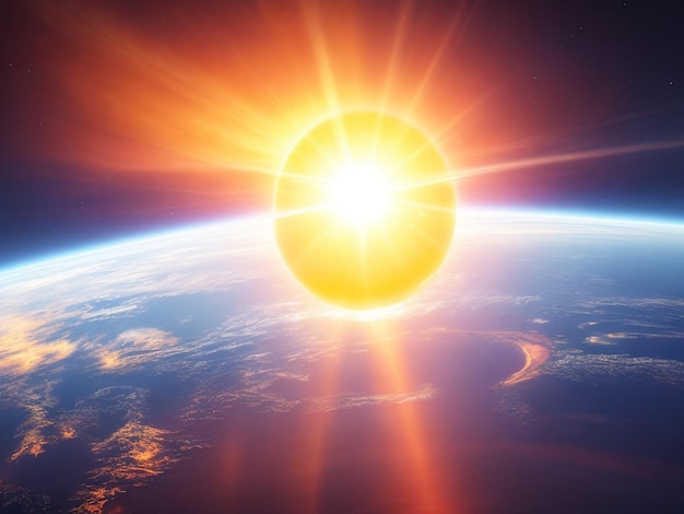 Фото Восход солнца над планетой земля концепция с ярким солнцем и вспышкой и планетой