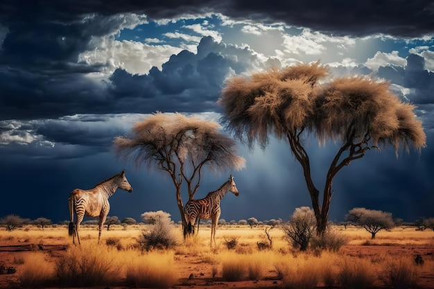사진 흐린 하늘 신경망 ai가 생성된 남아프리카의 사바나와 풀밭 위로 일출