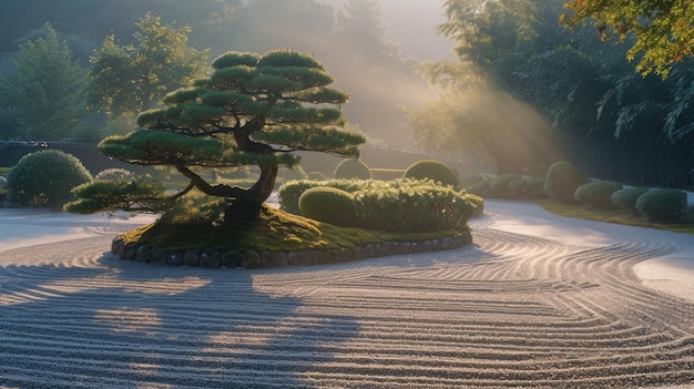 Sunrise over peaceful japanese zen garden resplendent