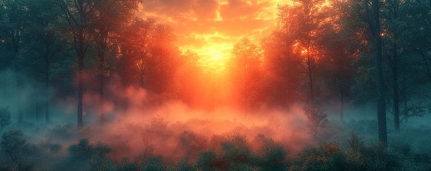Photo sunrise peaking through a misty forest background