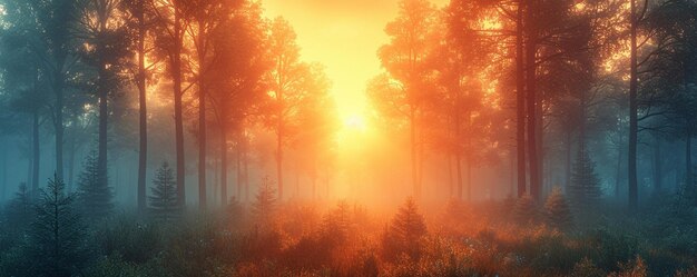 Photo sunrise peaking through a misty forest wallpaper