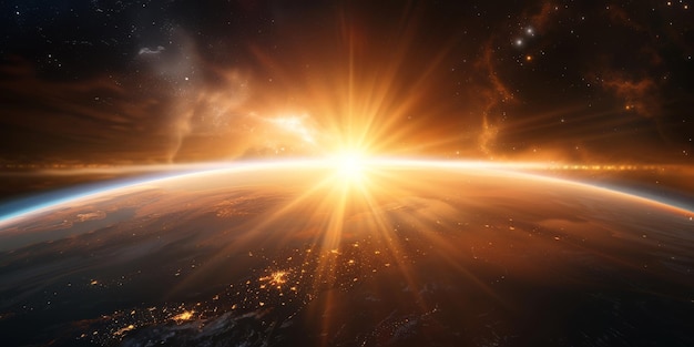 宇宙の領域と惑星の美しさを展示する宇宙からの地球の日の出の写真
