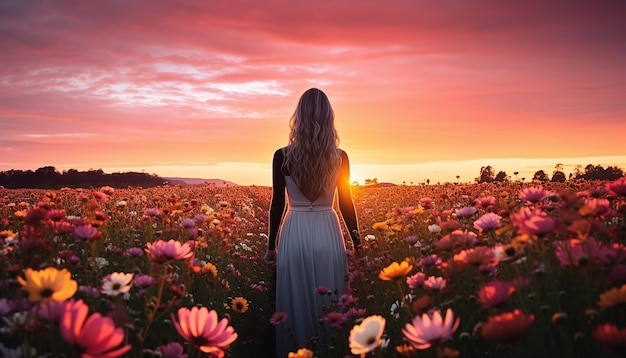 Foto un servizio fotografico all'alba in un campo di fiori