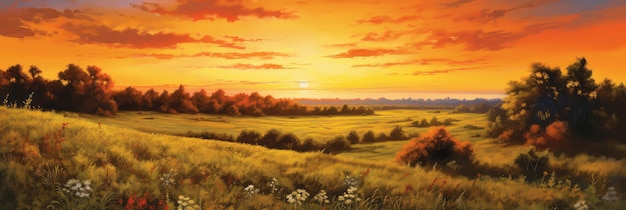 Sunrise over the plain photo realistic illustration